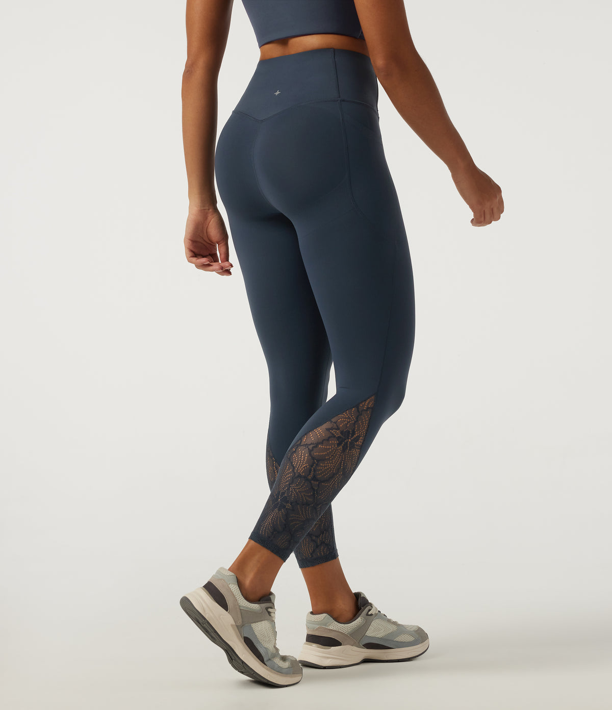 High Waisted Contrast Lace Tummy Control Yoga Leggings with Pockets — Carbon — view 2