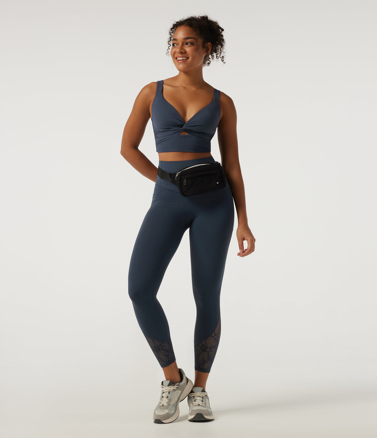 High Waisted Contrast Lace Tummy Control Yoga Leggings with Pockets — Carbon — view 8