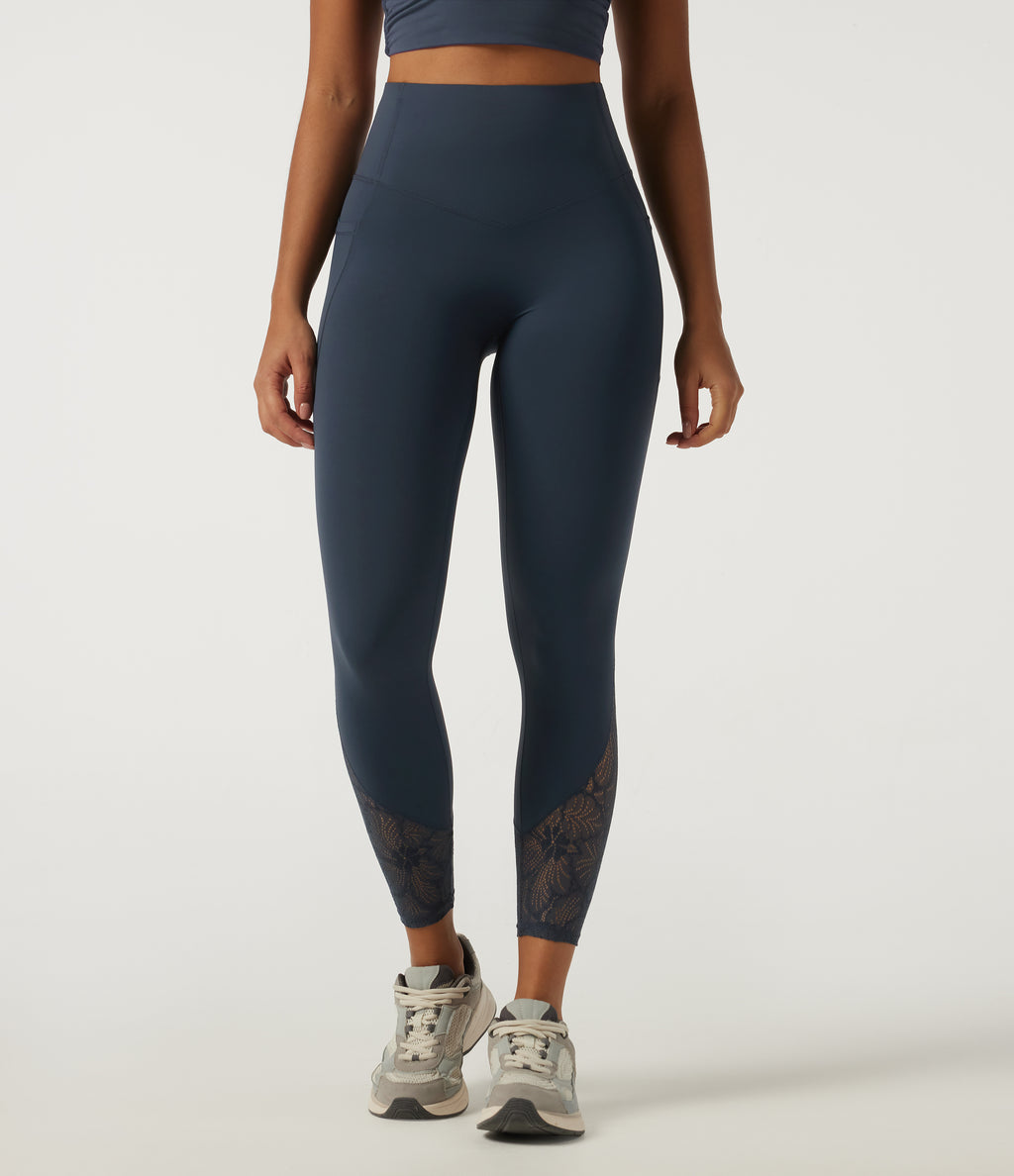 High Waisted Contrast Lace Tummy Control Yoga Leggings with Pockets — Carbon — view 3