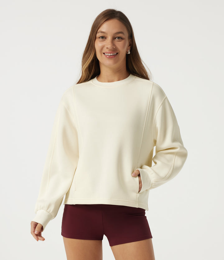 Round Neck Long Sleeve Casual Sweatshirt with Pockets — Antique White — view 1
