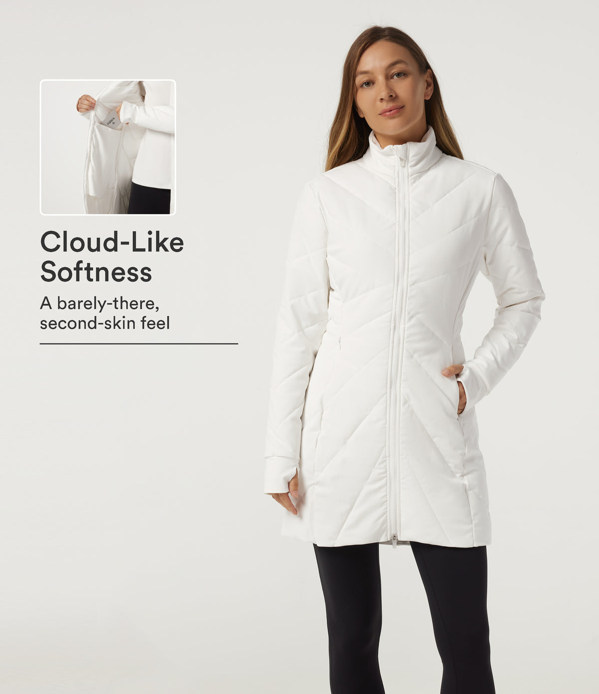 PuffFlex Stand Collar Double Zipper Casual Padded Jacket with Pockets — White — view 1