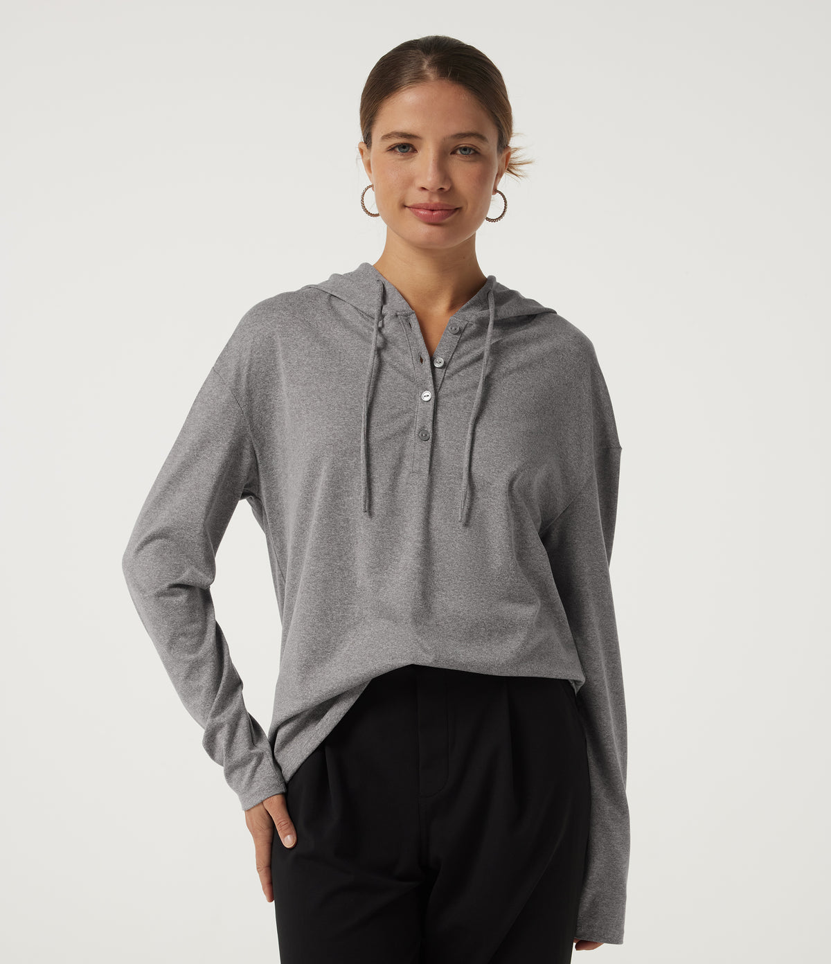 Hooded Long Sleeve Casual Top — Fog Gray — view 4