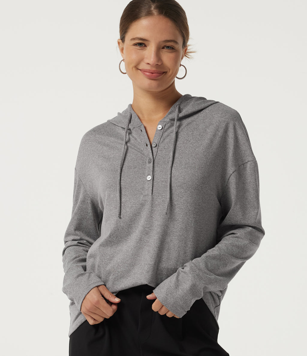 Hooded Long Sleeve Casual Top — Fog Gray — view 1