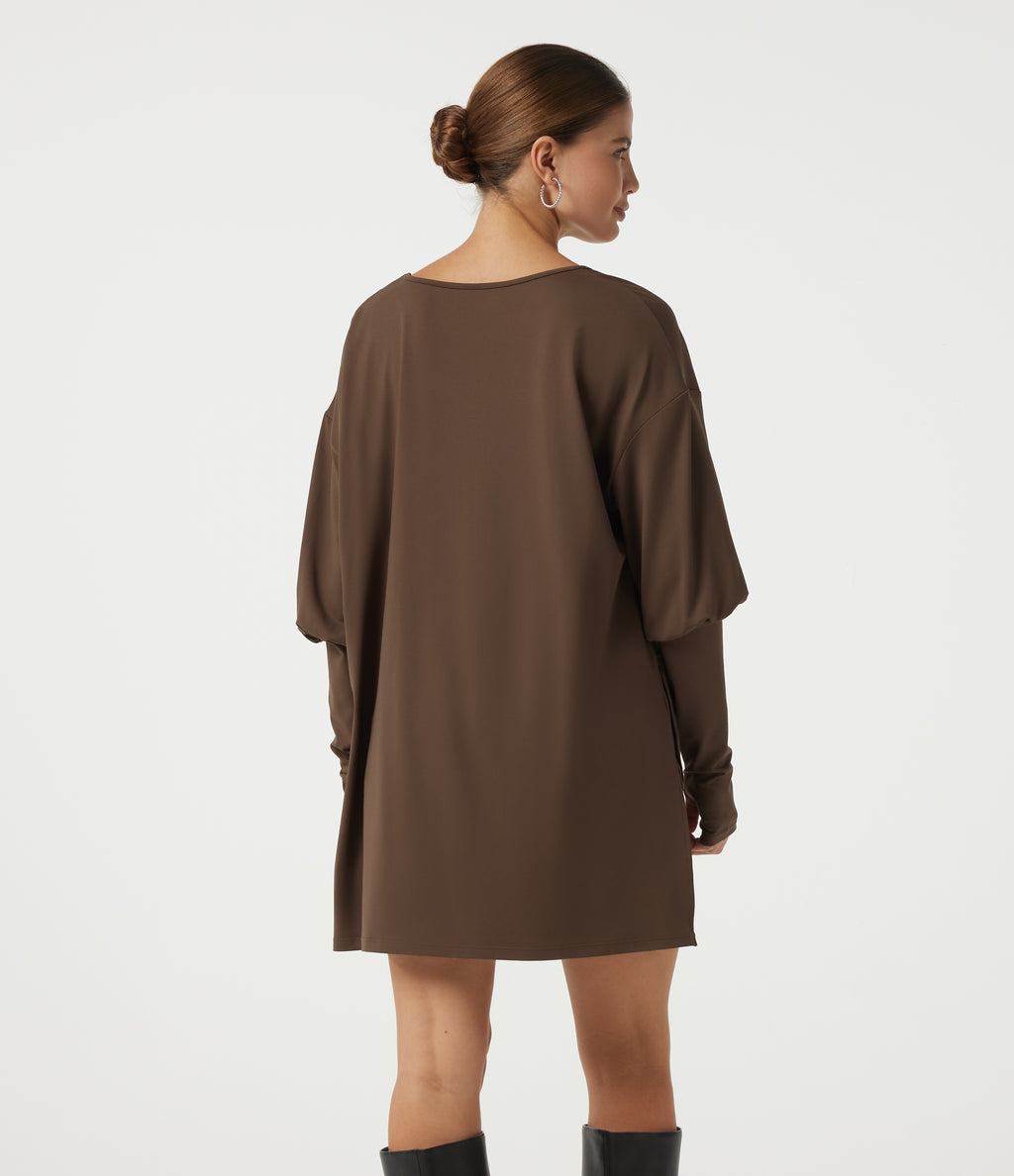 V Neck Bubble Long Sleeve Casual Top with Pockets and Thumbholes — Chestnut — view 2
