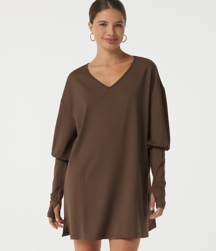 V Neck Bubble Long Sleeve Casual Top with Pockets and Thumbholes — Chestnut — view 1