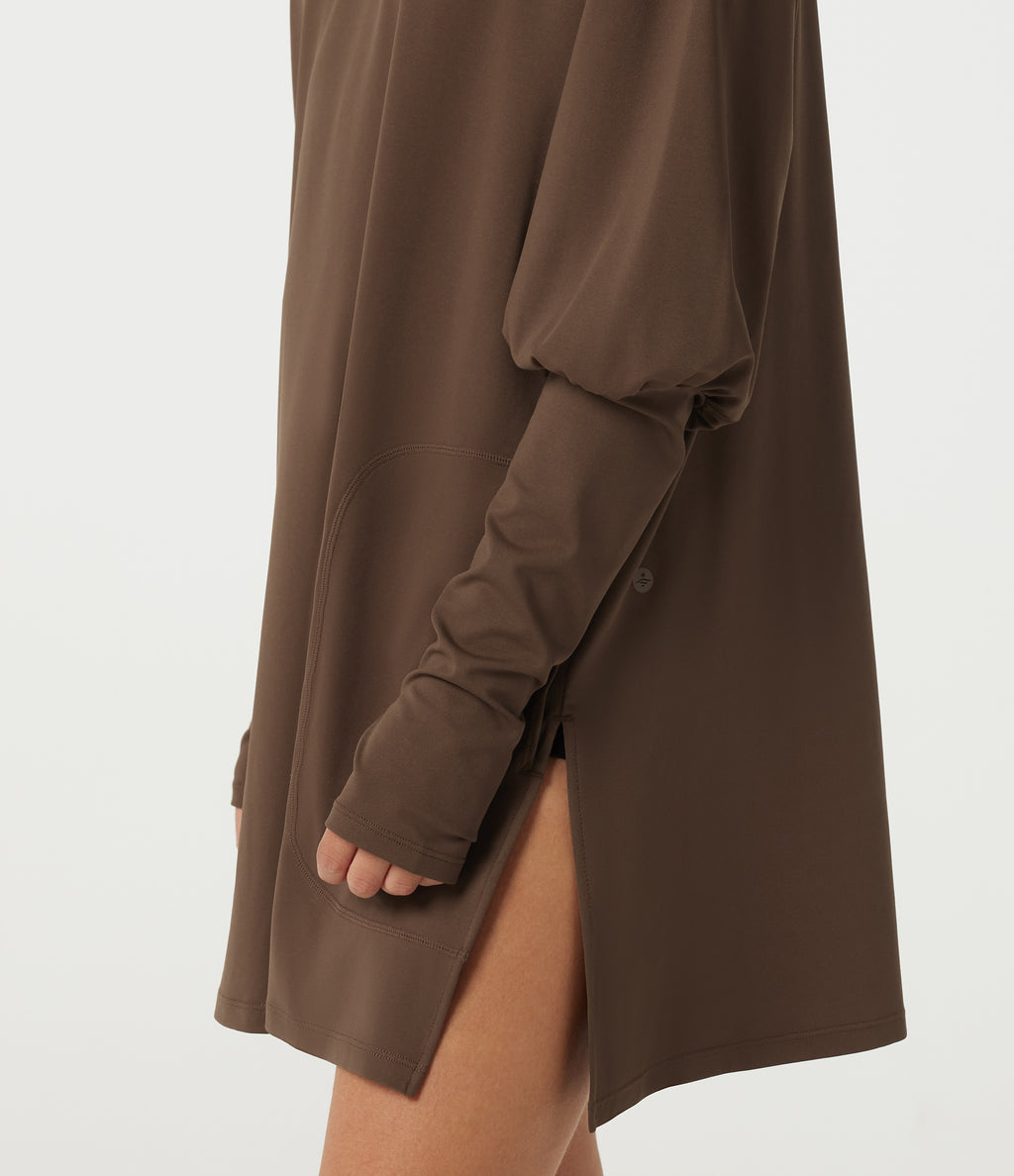 V Neck Bubble Long Sleeve Casual Top with Pockets and Thumbholes — Chestnut — view 7