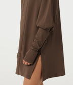 V Neck Bubble Long Sleeve Casual Top with Pockets and Thumbholes — Chestnut — view 7