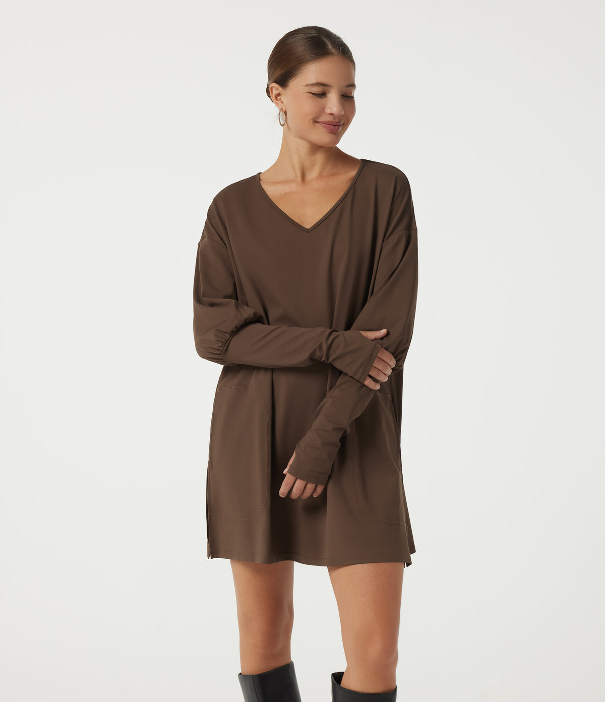 V Neck Bubble Long Sleeve Casual Top with Pockets and Thumbholes — Chestnut — view 4