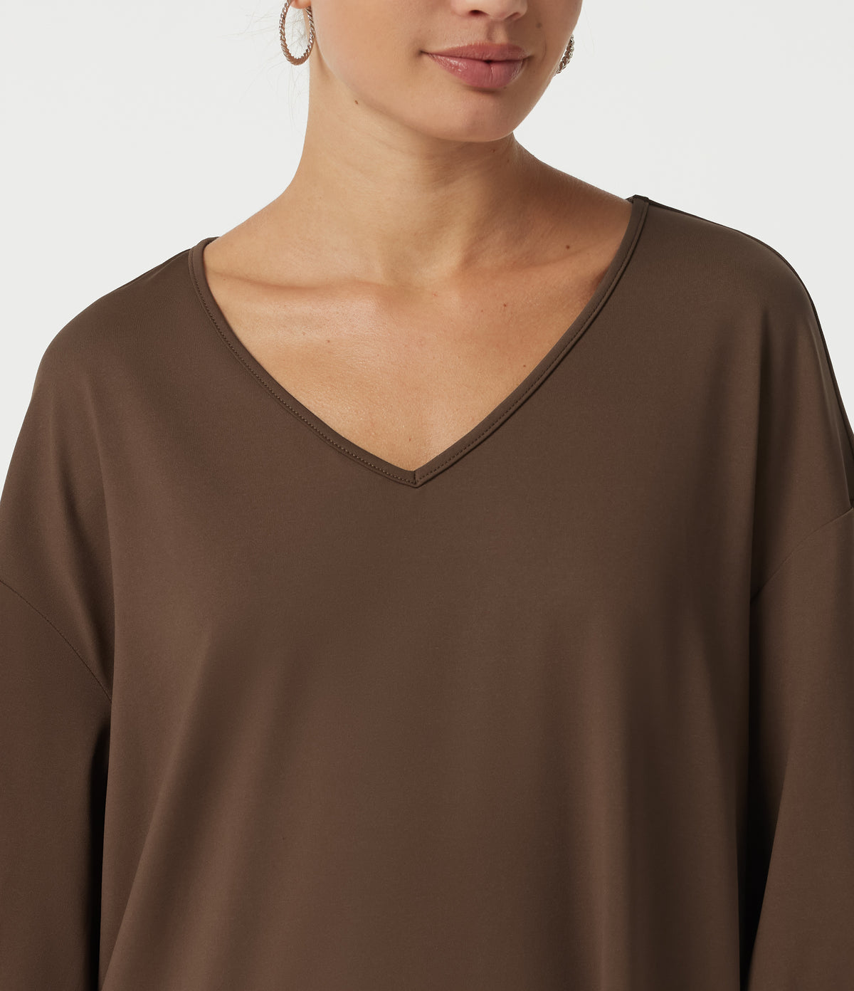 V Neck Bubble Long Sleeve Casual Top with Pockets and Thumbholes — Chestnut — view 5