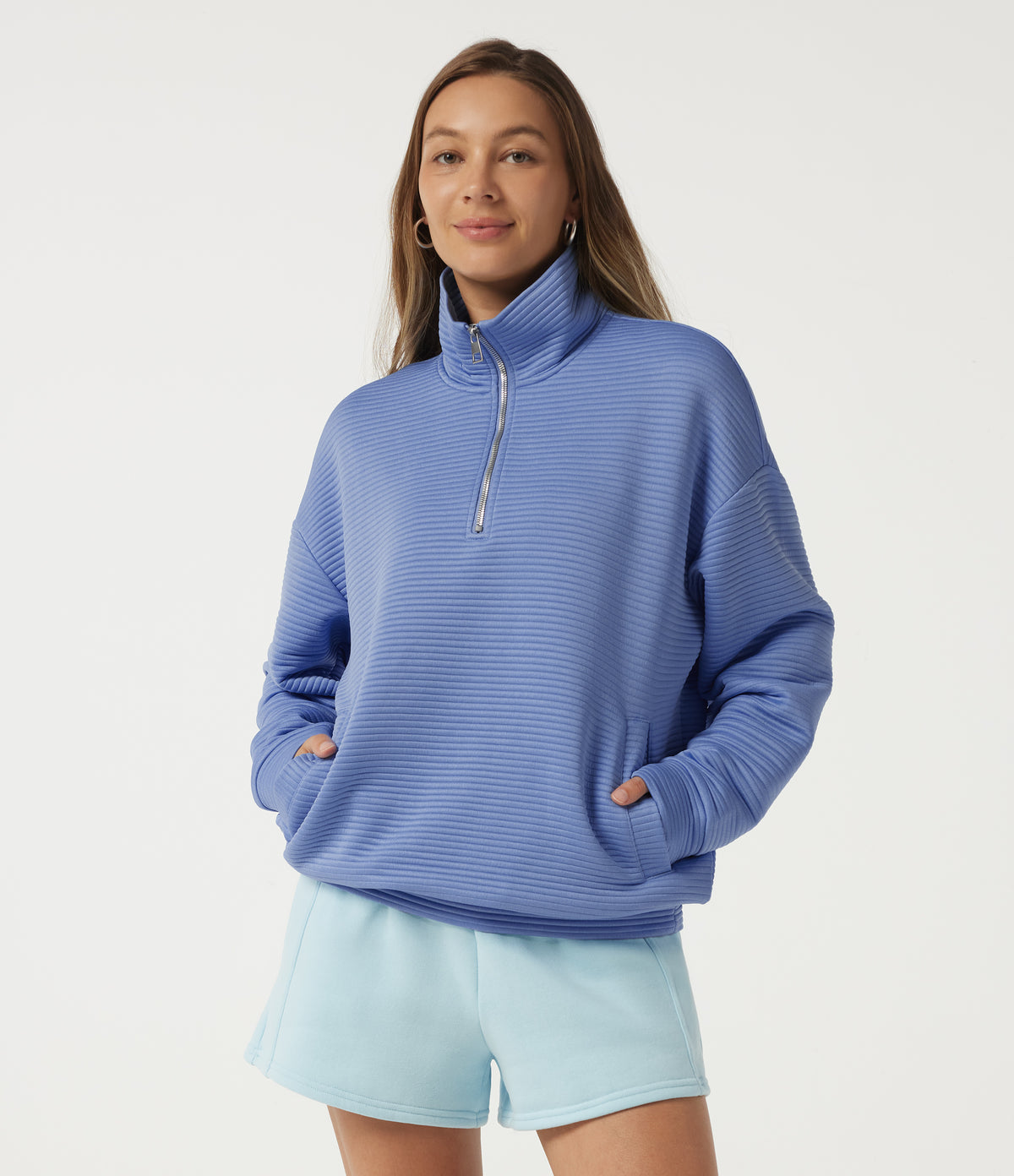 Mock Neck Batwing Long Sleeve Casual Sweatshirt with Pockets — Country Club Blue — view 4