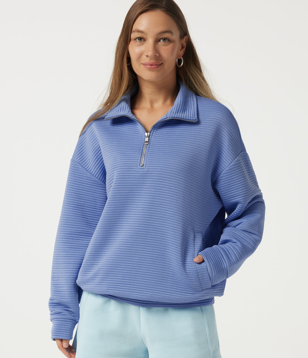 Mock Neck Batwing Long Sleeve Casual Sweatshirt with Pockets — Country Club Blue — view 1