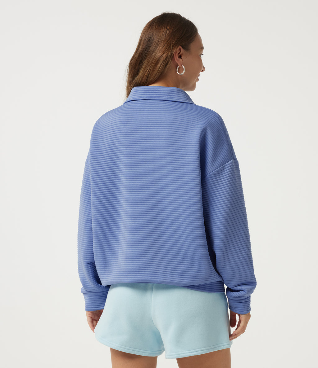 Mock Neck Batwing Long Sleeve Casual Sweatshirt with Pockets — Country Club Blue — view 2