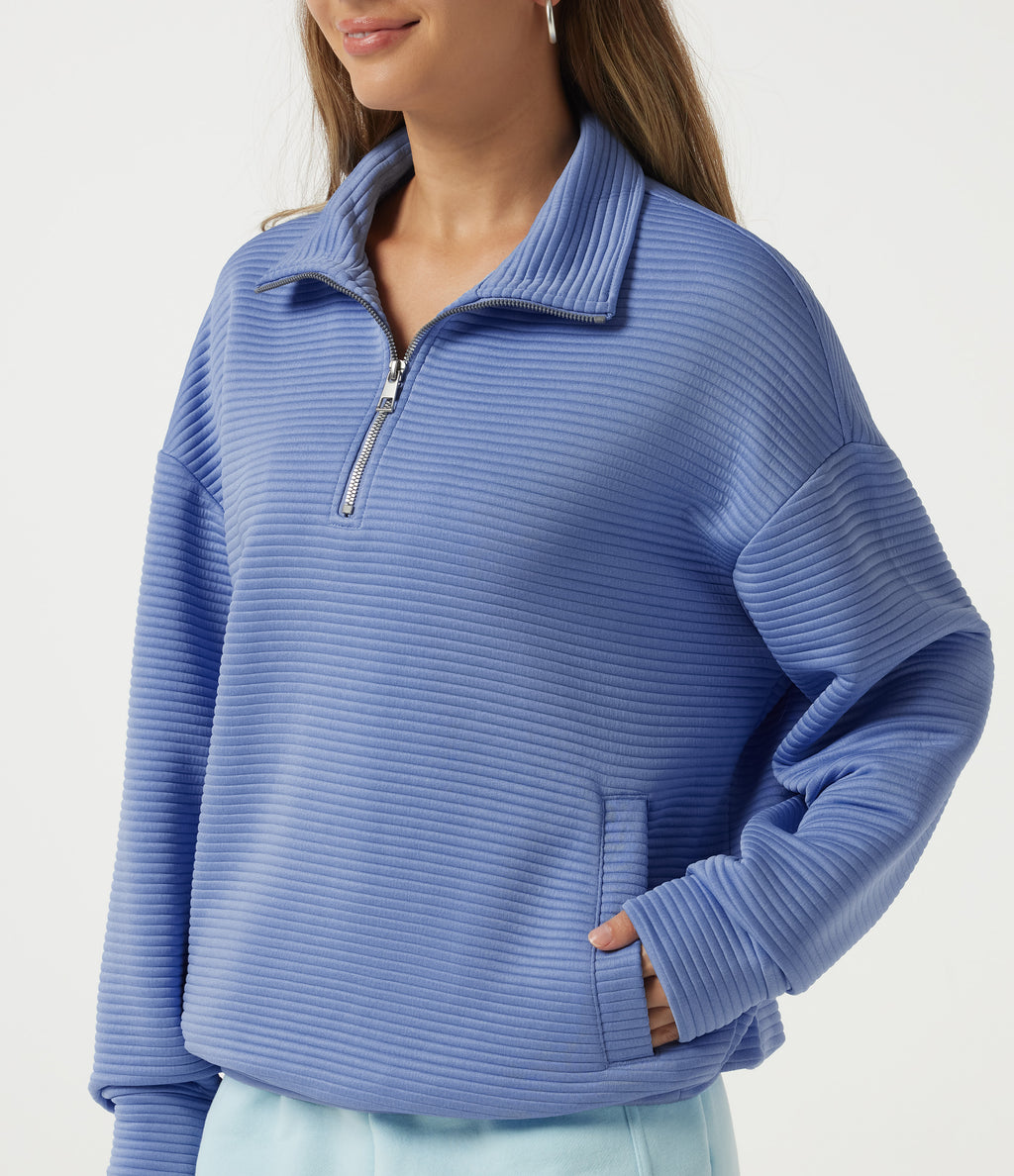 Mock Neck Batwing Long Sleeve Casual Sweatshirt with Pockets — Country Club Blue — view 5