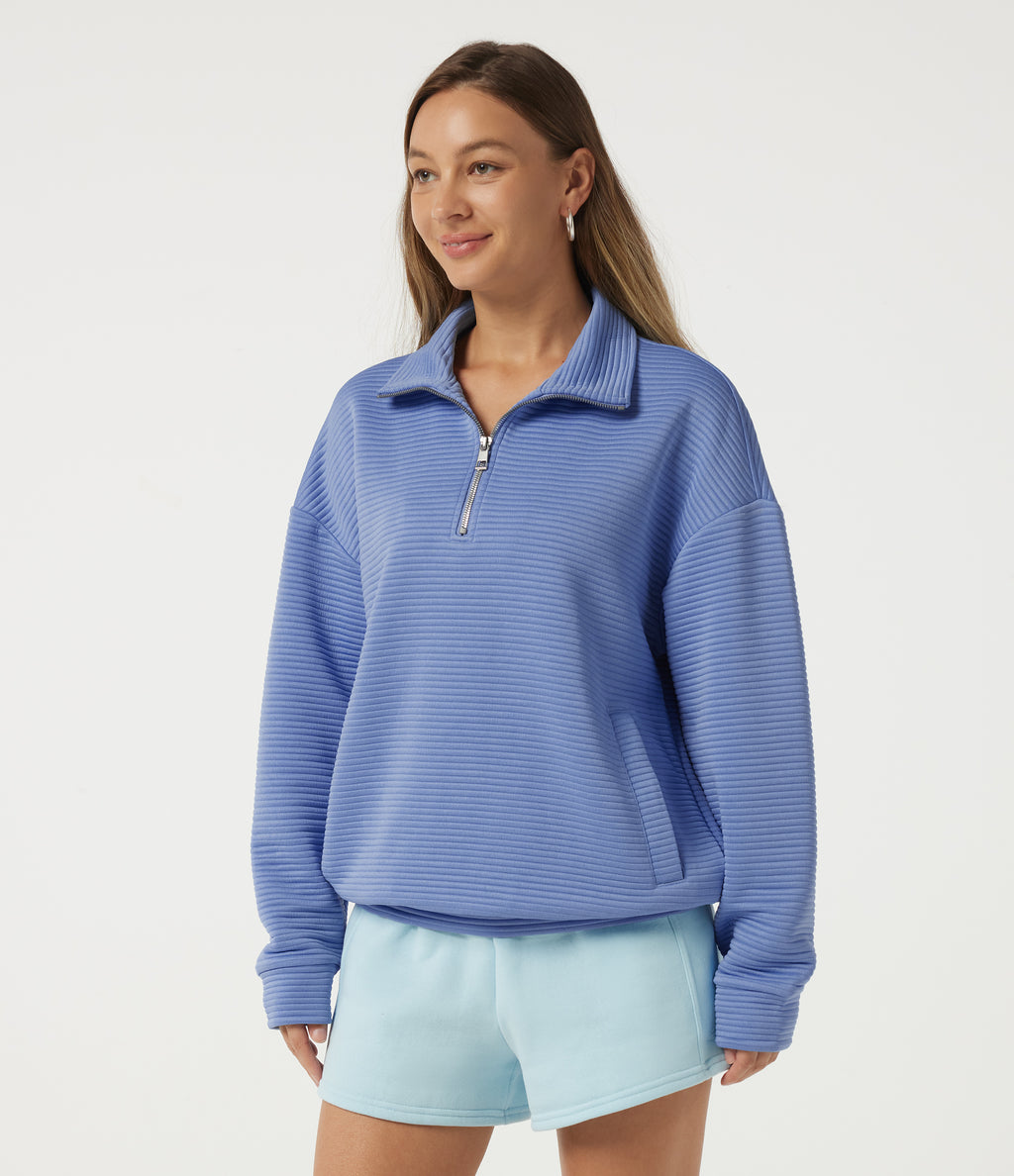 Mock Neck Batwing Long Sleeve Casual Sweatshirt with Pockets — Country Club Blue — view 3