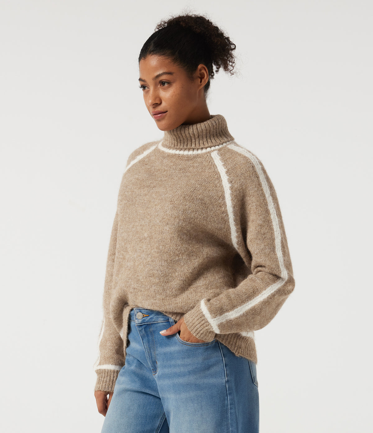 High Neck Long Sleeve Color Block Work Jumper — Sesame — view 3