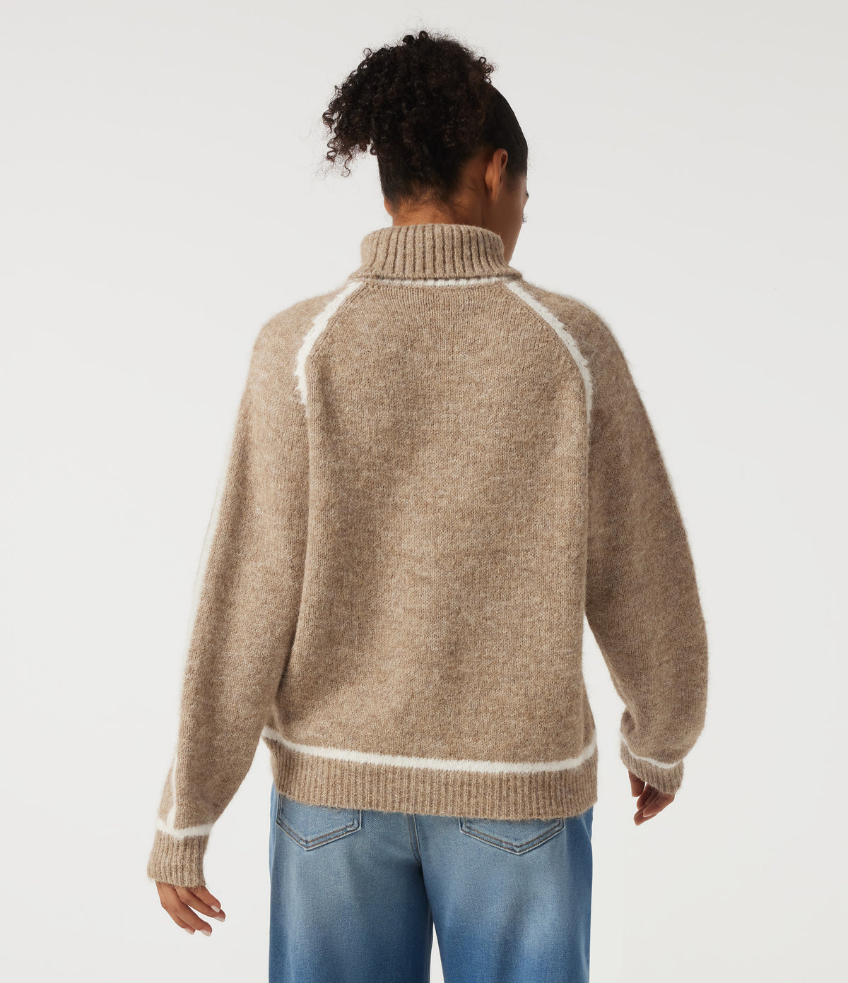 High Neck Long Sleeve Color Block Work Jumper — Sesame — view 2