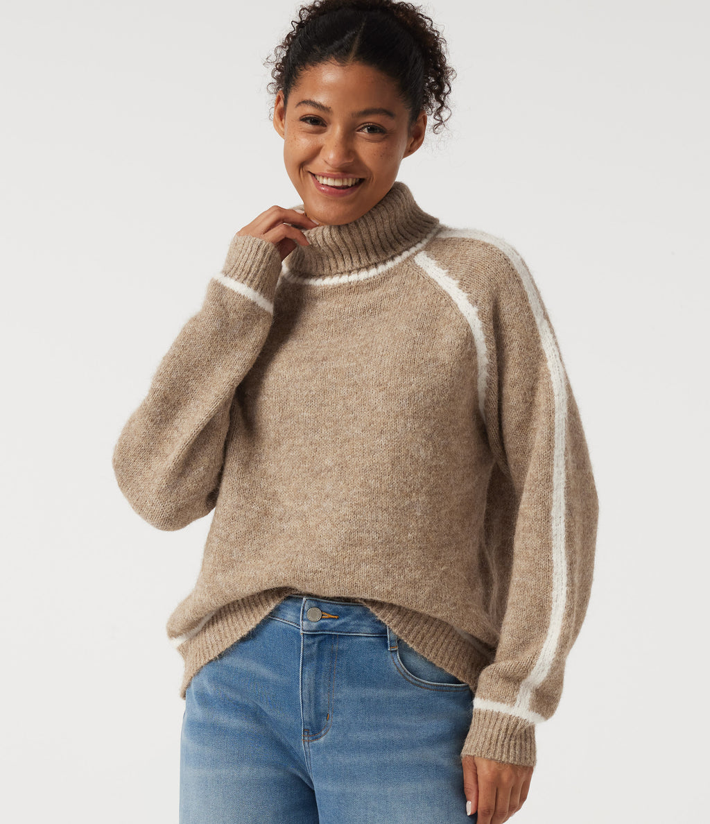 High Neck Long Sleeve Color Block Work Jumper — Sesame — view 5