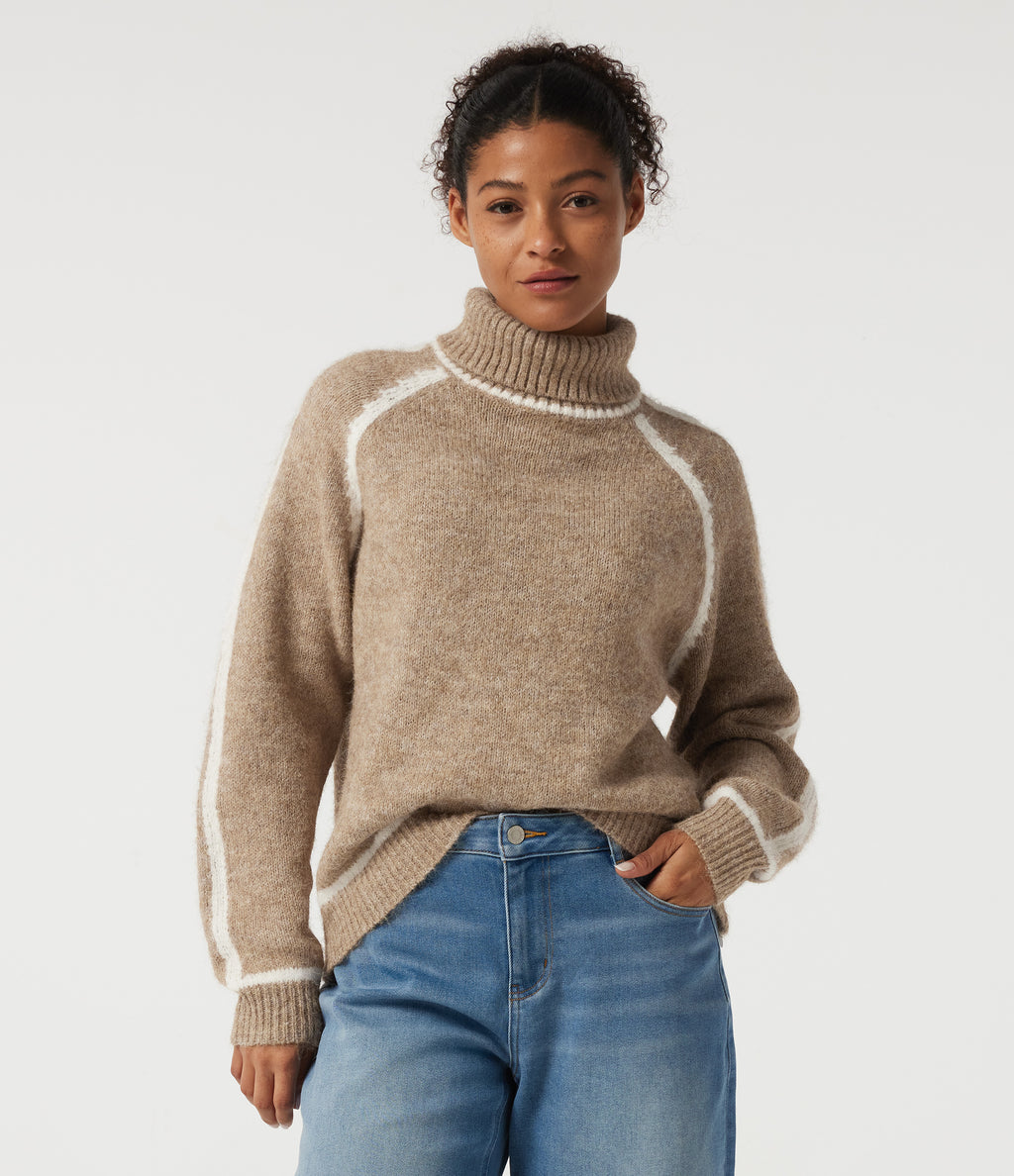 High Neck Long Sleeve Color Block Work Jumper — Sesame — view 4