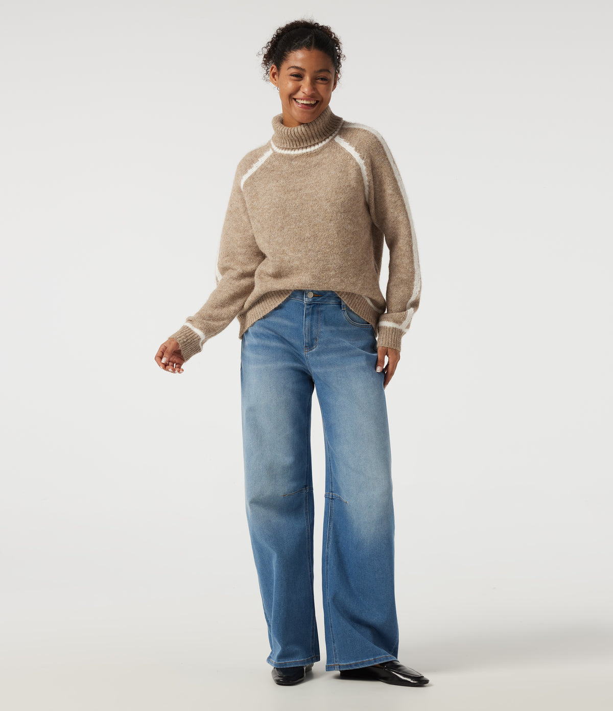 High Neck Long Sleeve Color Block Work Jumper — Sesame — view 8