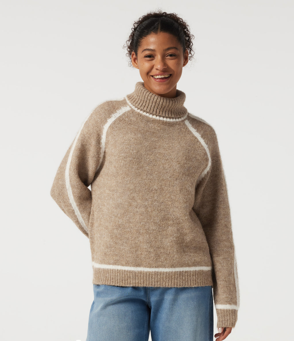 High Neck Long Sleeve Color Block Work Jumper — Sesame — view 1