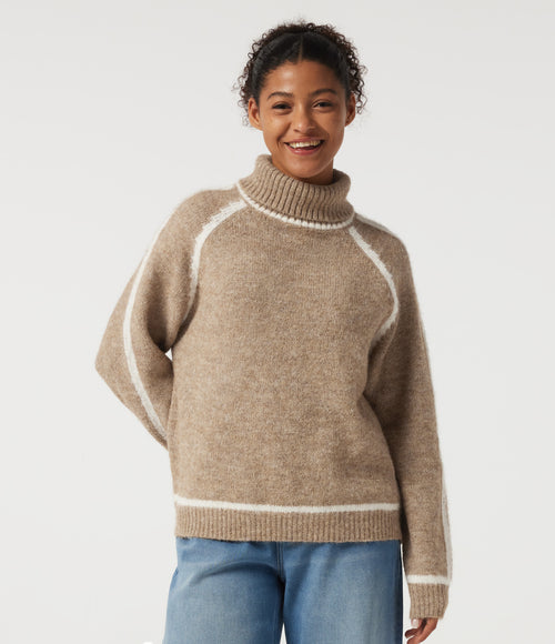 High Neck Long Sleeve Color Block Work Jumper — Sesame — view 1