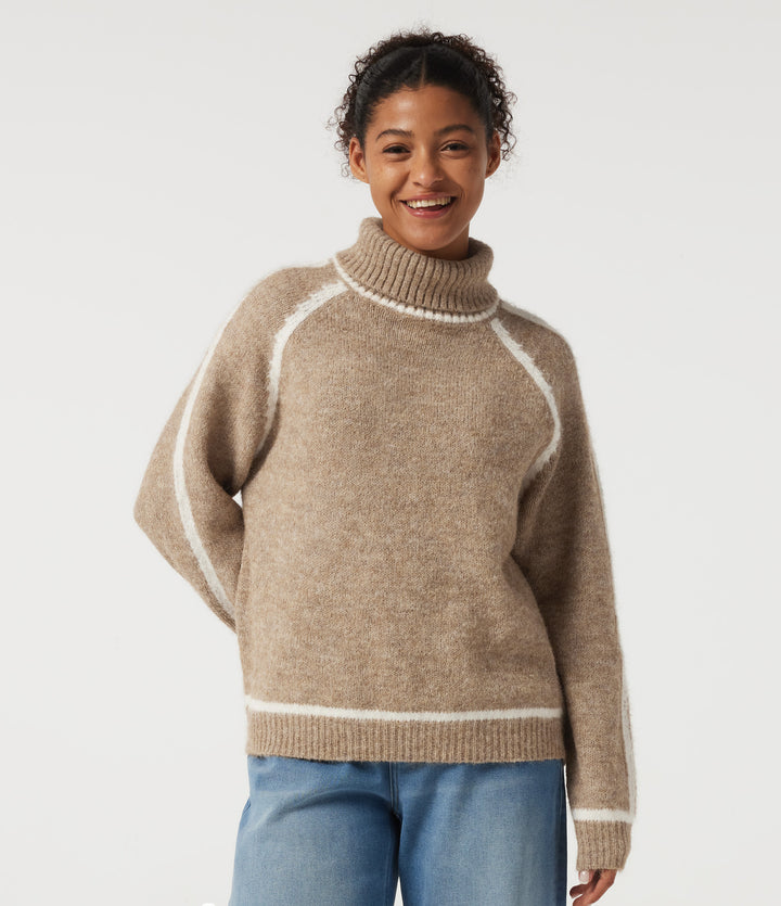 High Neck Long Sleeve Color Block Work Jumper — Sesame — view 1