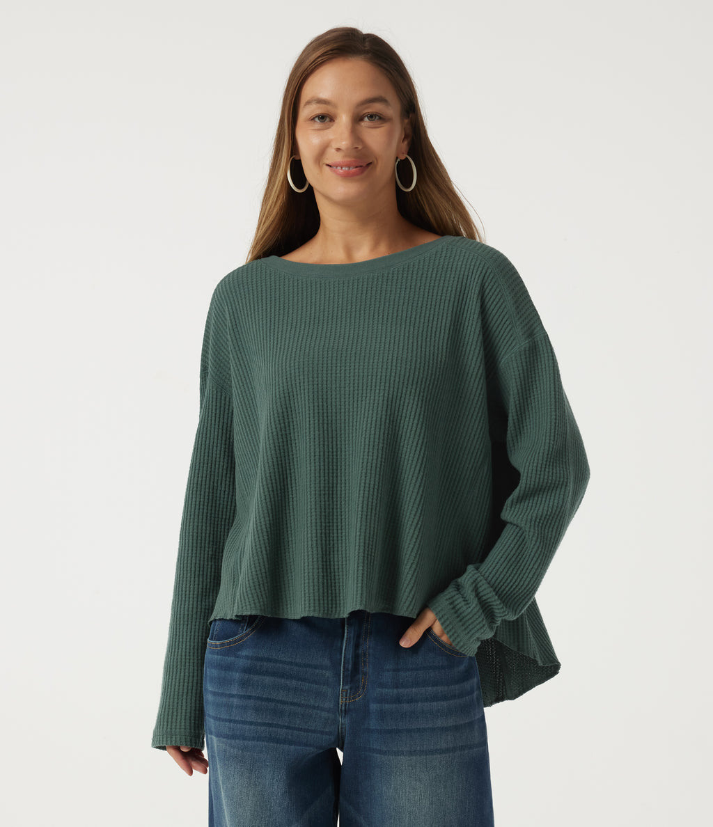 Round Neck Long Sleeve Curved Hem Casual Sweatshirt — Green Frost — view 1