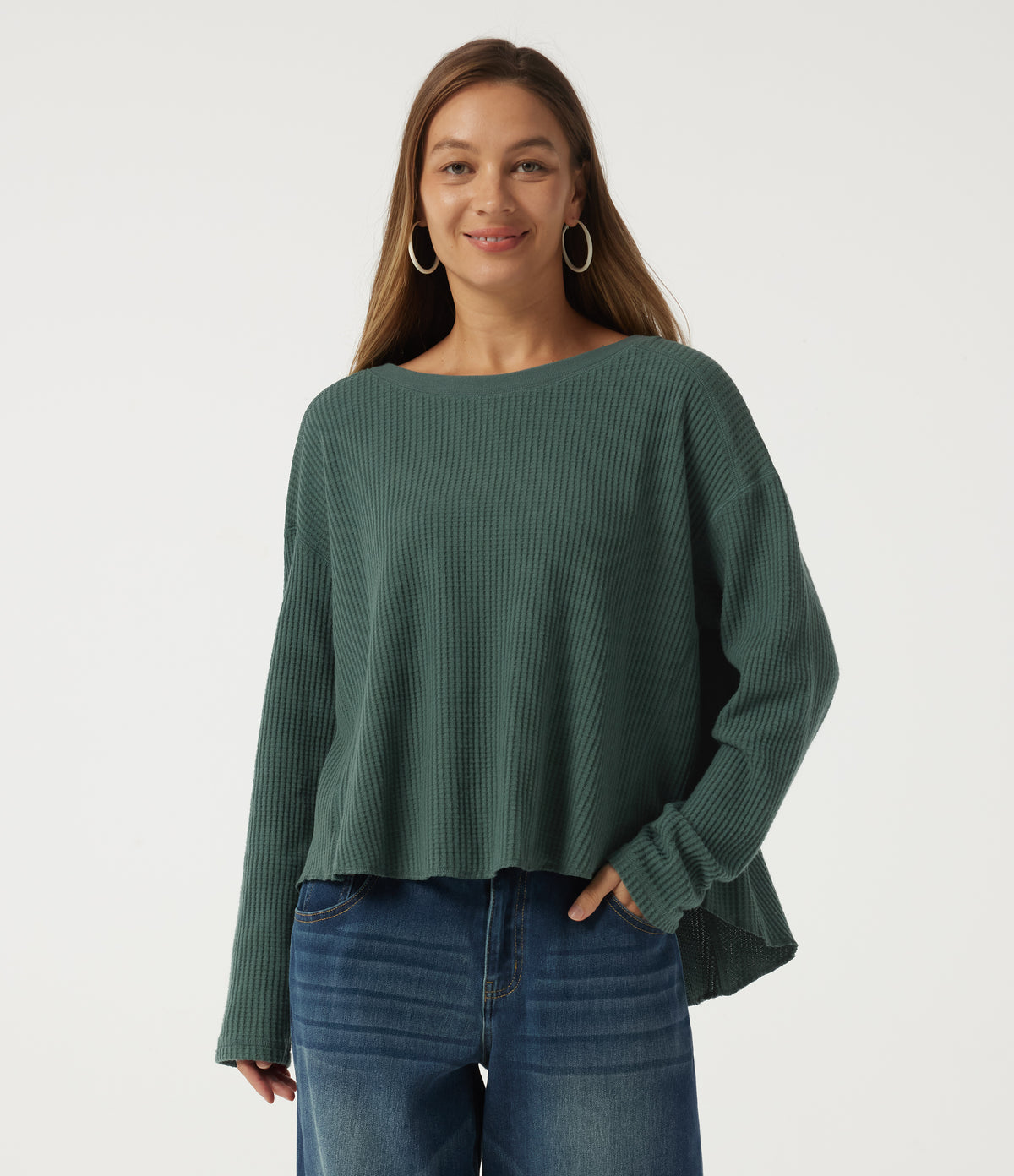 Round Neck Long Sleeve Curved Hem Casual Sweatshirt — Green Frost — view 1
