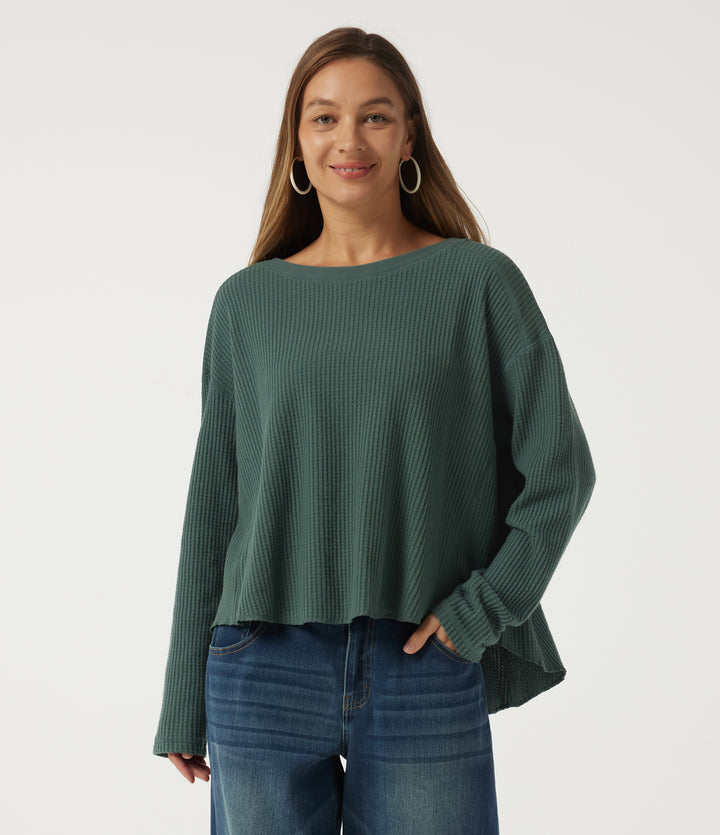 Round Neck Long Sleeve Curved Hem Casual Sweatshirt — Green Frost — view 1