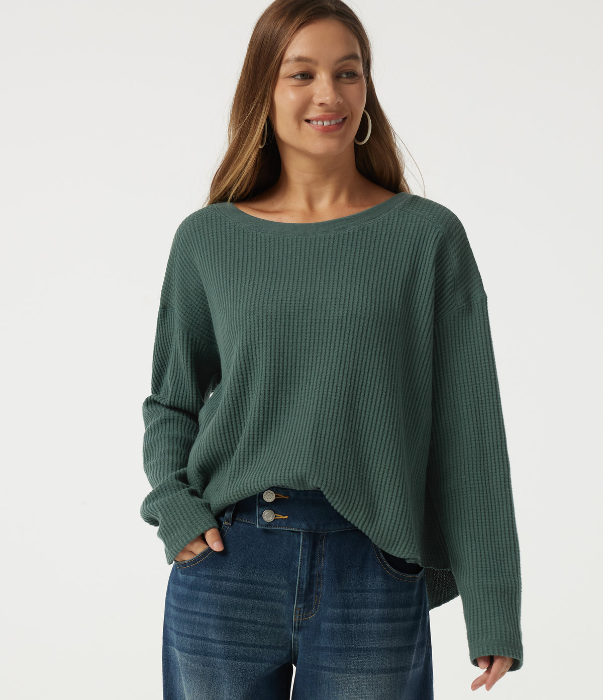 Round Neck Long Sleeve Curved Hem Casual Sweatshirt — Green Frost — view 4