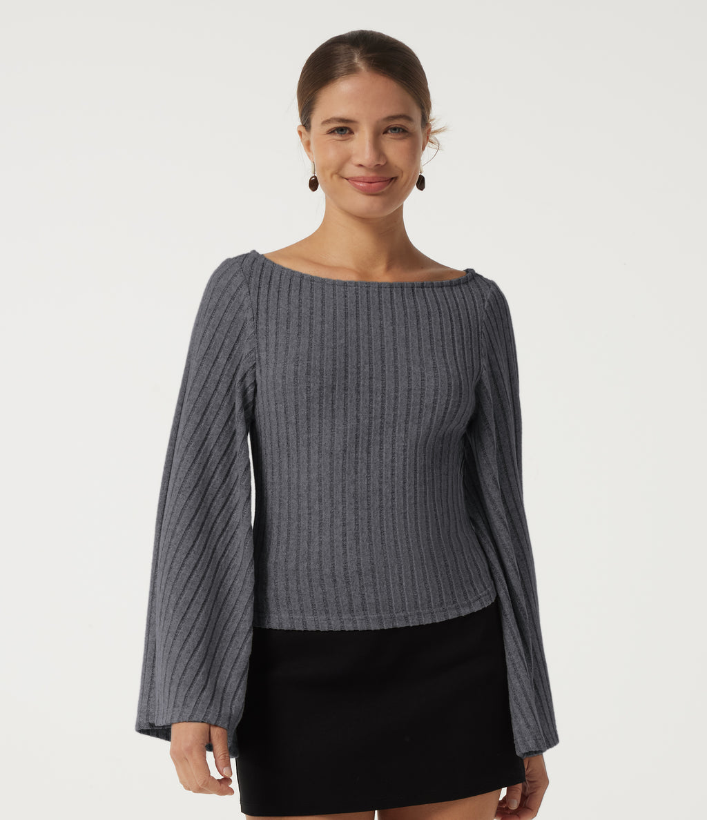 Ribbed Boat Neck Bell Long Sleeve Casual Top — Mottled Dark Gray — view 4