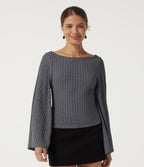 Ribbed Boat Neck Bell Long Sleeve Casual Top — Mottled Dark Gray — view 4
