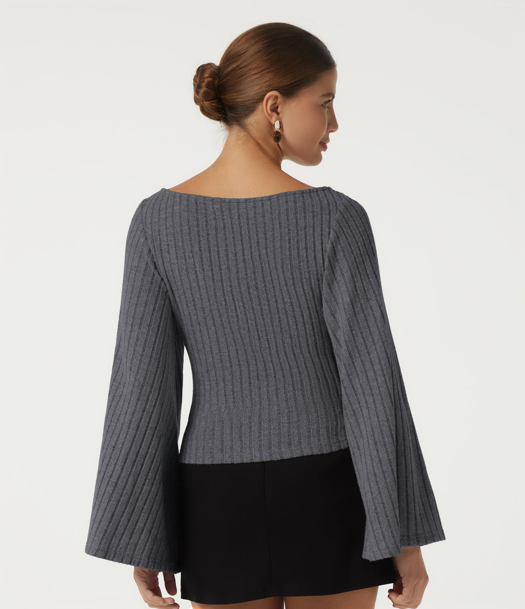 Ribbed Boat Neck Bell Long Sleeve Casual Top — Mottled Dark Gray — view 2