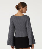 Ribbed Boat Neck Bell Long Sleeve Casual Top — Mottled Dark Gray — view 2