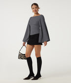 Ribbed Boat Neck Bell Long Sleeve Casual Top — Mottled Dark Gray — view 6