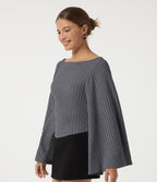 Ribbed Boat Neck Bell Long Sleeve Casual Top — Mottled Dark Gray — view 3