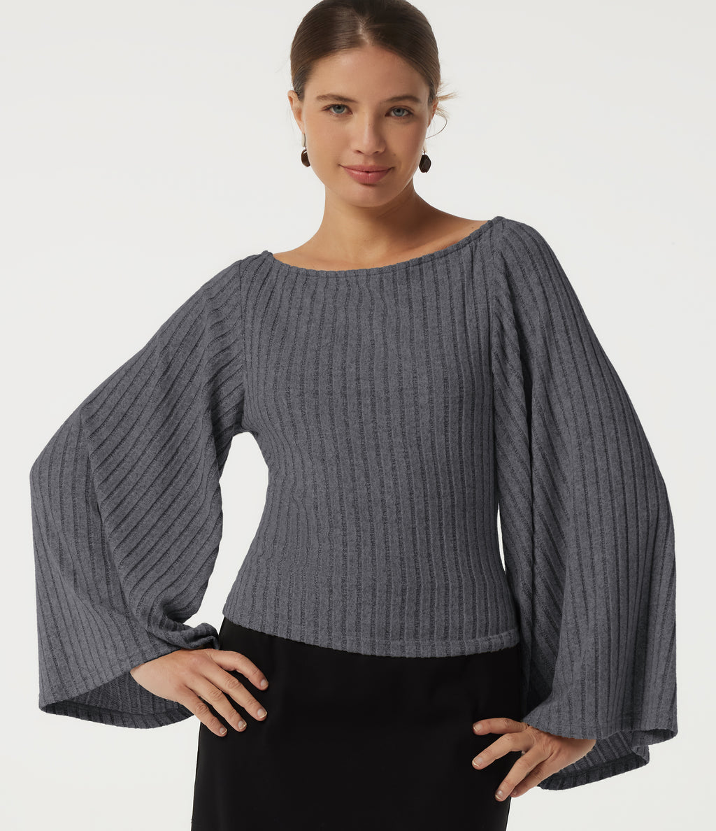 Ribbed Boat Neck Bell Long Sleeve Casual Top — Mottled Dark Gray — view 1
