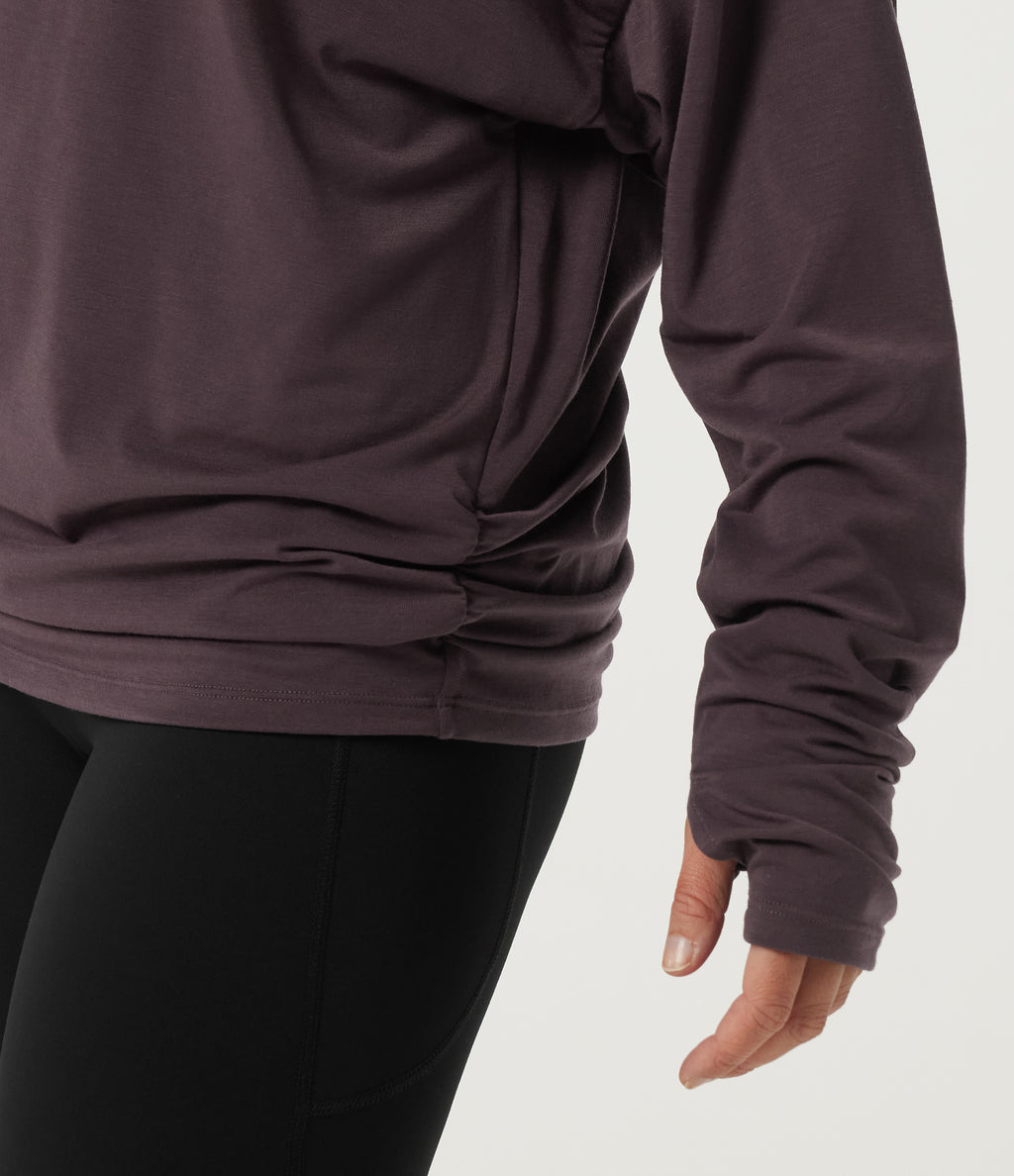Off Shoulder Long Sleeve Yoga Sports Top with Built-in Bra and Thumbholes — Night's Purple — view 8