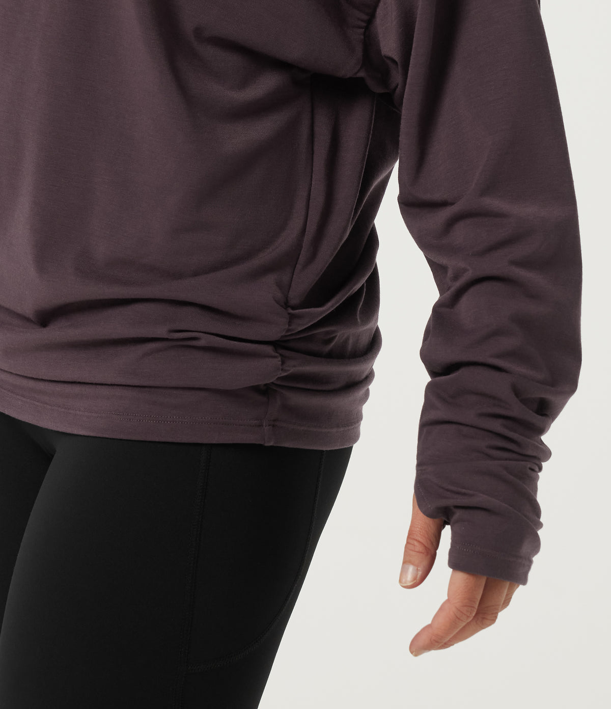 Off Shoulder Long Sleeve Yoga Sports Top with Built-in Bra and Thumbholes — Night's Purple — view 8