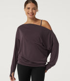 Off Shoulder Long Sleeve Yoga Sports Top with Built-in Bra and Thumbholes — Night's Purple — view 4