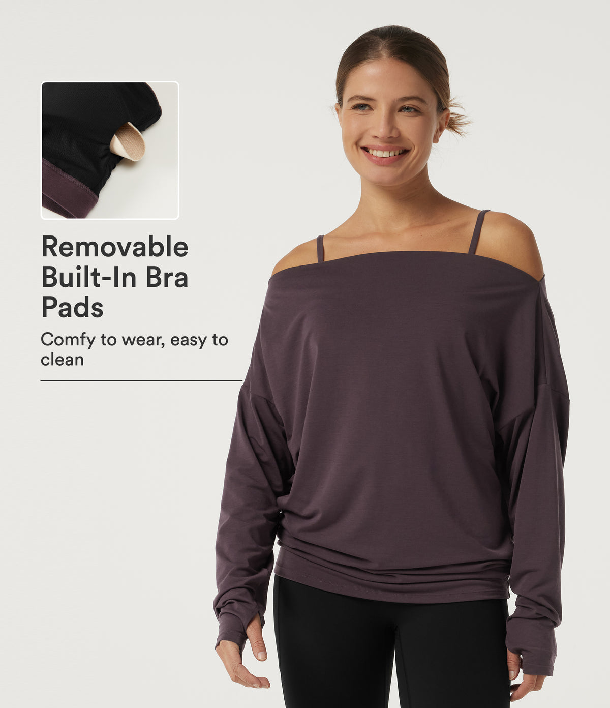 Off Shoulder Long Sleeve Yoga Sports Top with Built-in Bra and Thumbholes — Night's Purple — view 1