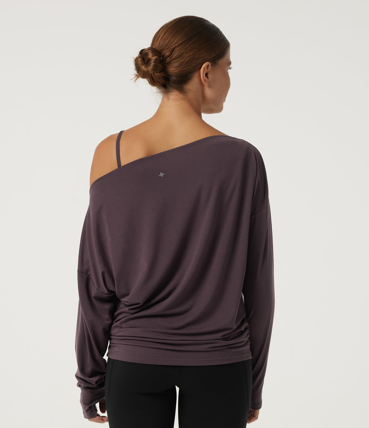 Off Shoulder Long Sleeve Yoga Sports Top with Built-in Bra and Thumbholes — Night's Purple — view 2