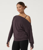 Off Shoulder Long Sleeve Yoga Sports Top with Built-in Bra and Thumbholes — Night's Purple — view 3