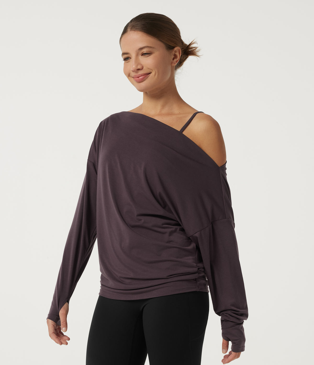 Off Shoulder Long Sleeve Yoga Sports Top with Built-in Bra and Thumbholes — Night's Purple — view 3