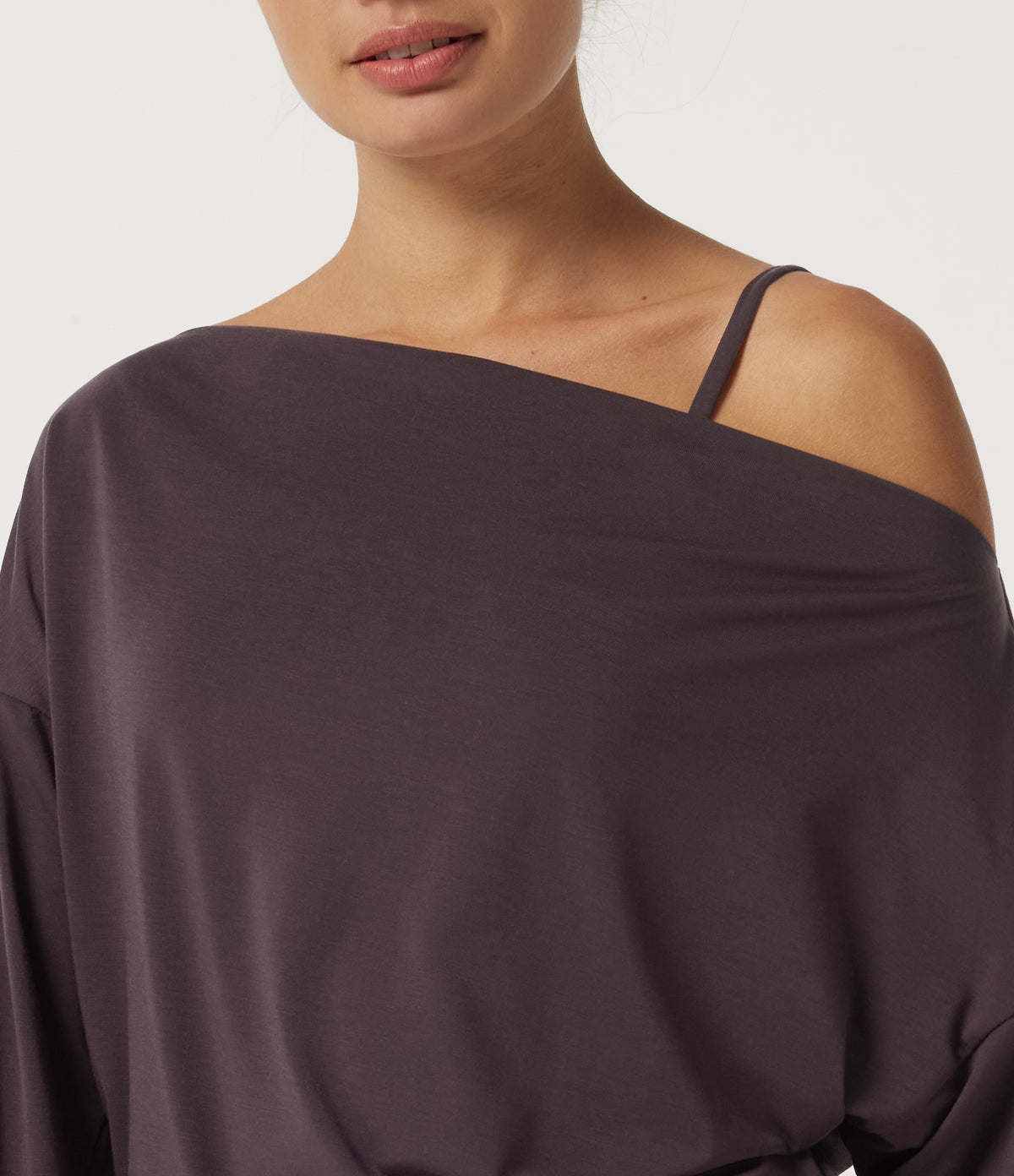 Off Shoulder Long Sleeve Yoga Sports Top with Built-in Bra and Thumbholes — Night's Purple — view 7