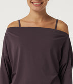 Off Shoulder Long Sleeve Yoga Sports Top with Built-in Bra and Thumbholes — Night's Purple — view 5