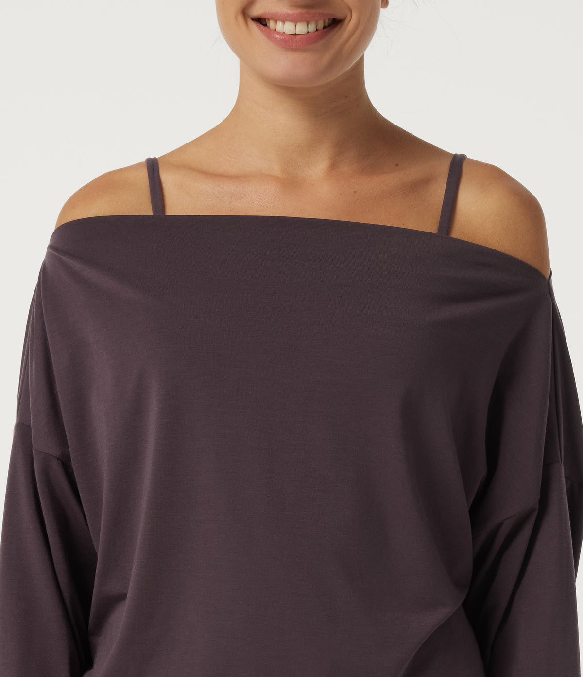 Off Shoulder Long Sleeve Yoga Sports Top with Built-in Bra and Thumbholes — Night's Purple — view 5