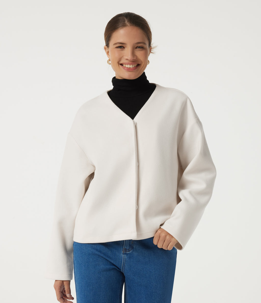 V Neck Long Sleeve Fleece Casual Coat with Pockets — Tofu — view 4