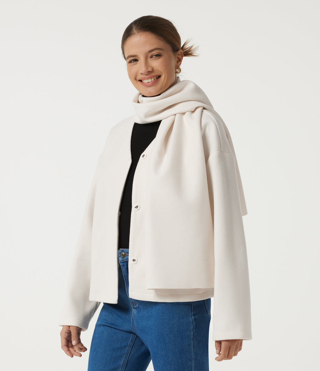 V Neck Long Sleeve Fleece Casual Coat with Pockets — Tofu — view 3