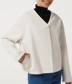V Neck Long Sleeve Fleece Casual Coat with Pockets — Tofu — view 6